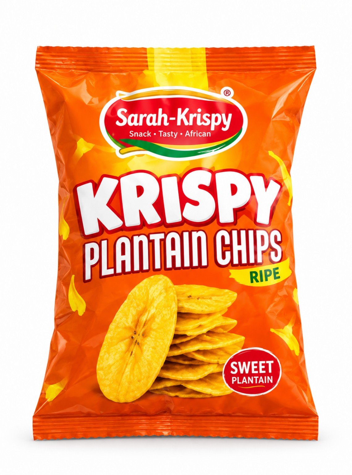Ripe plantain chips in orange Sarah-Krispy pack