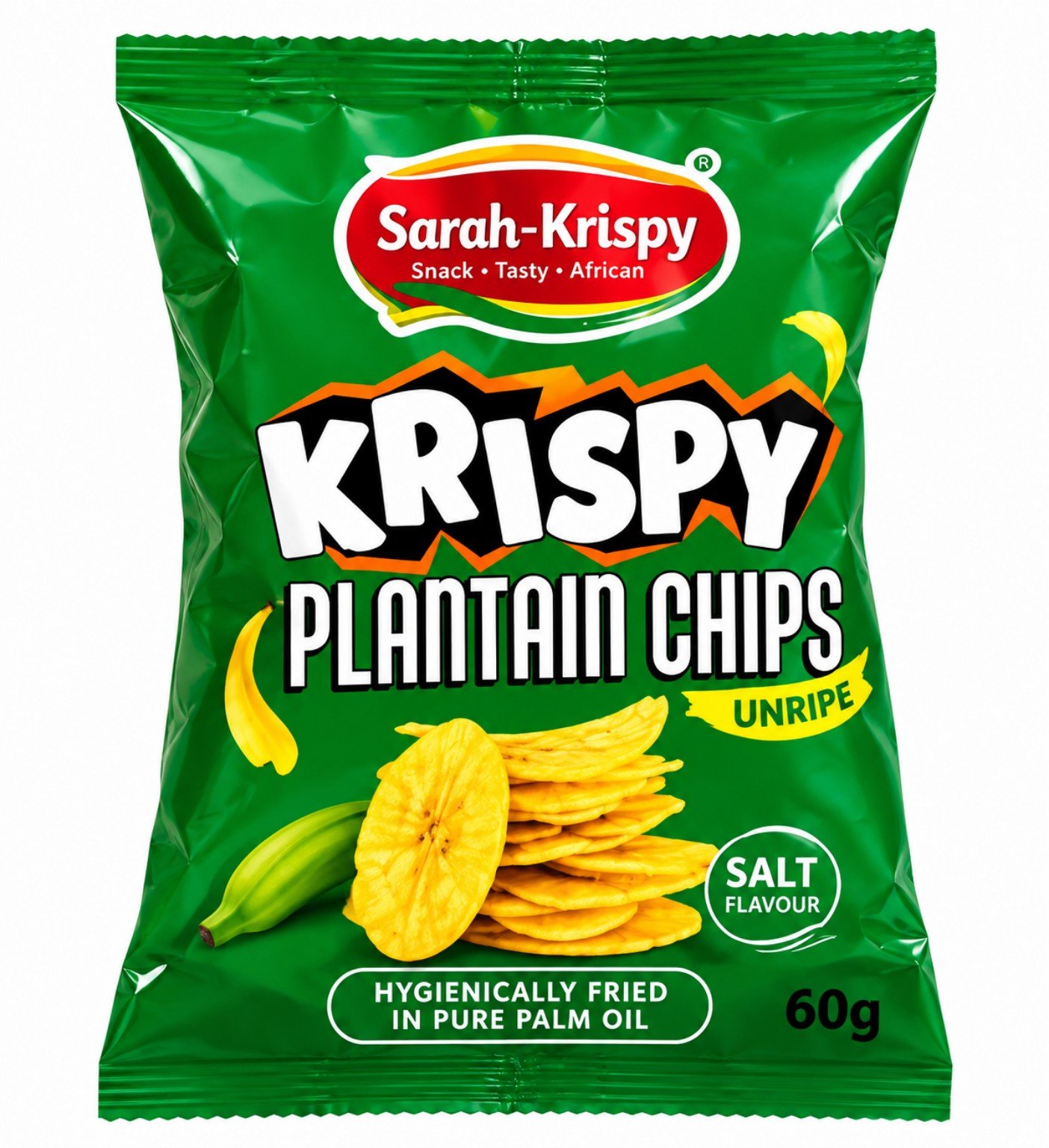 Unripe plantain chips in green Sarah-Krispy pack
